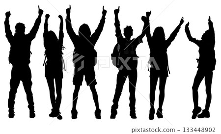 Black Solid Students Cheering Silhouettes Set of Six on White Background 133448902