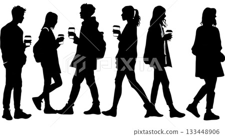 Black Solid Students with Coffee Silhouettes Set of Six on White Background 133448906