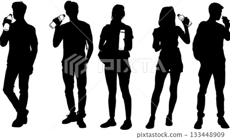 Black Solid Students Hydrating Silhouettes Set of Six on White Background Black Solid Students Hydrating Silhouettes Set of Six on White Background 133448909