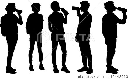 Black Solid Students Hydrating Silhouettes Set of Six on White Background Black Solid Students Hydrating Silhouettes Set of Six on White Background 133448910