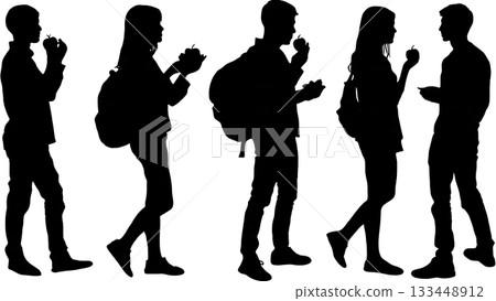 Black Solid Students Eating Snack Silhouettes Set of Six on White Background 133448912