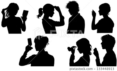 Black Solid Students Grooming Silhouettes Set of Six on White Background 133448913