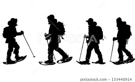 Black Solid Snowshoeing Silhouettes Set of Six on White Background 133448914