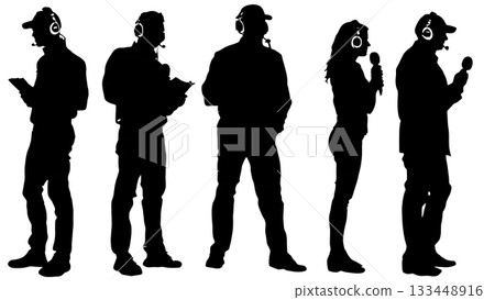 Black Solid Sports Reporter Silhouettes Set of Six on White Background 133448916