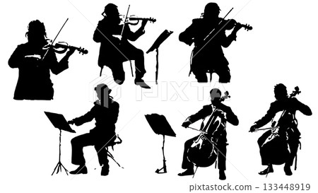 Black Solid String Quartet Silhouettes Set of Six on White Background 133448919