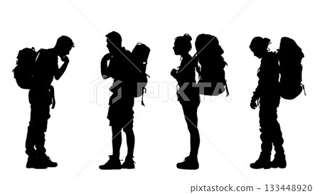 Black Solid Students Adjusting Straps Silhouettes Set of Six on White Background 133448920