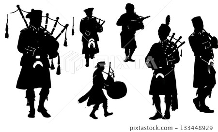 Black Solid Pipe and Drum Band Silhouettes Set of Six on White Background Black Solid Pipe and Drum Band Silhouettes Set of Six on White Background 133448929