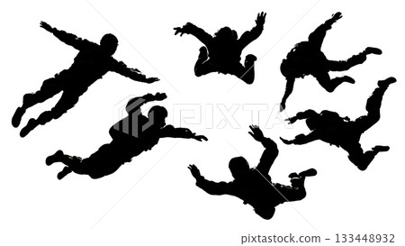 Black Solid Skydiving Formation Silhouettes Set of Six on White Background 133448932