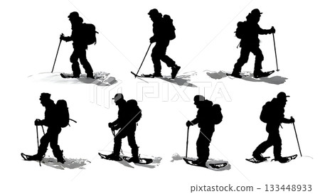 Black Solid Snowshoeing Silhouettes Set of Six on White Background Black Solid Snowshoeing Silhouettes Set of Six on White Background 133448933