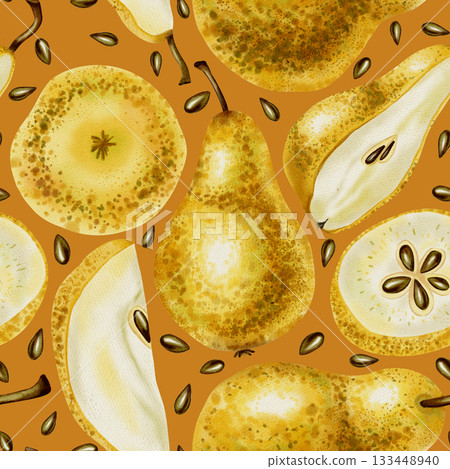 Hand painted watercolor seamless pattern with various pear slices, halves, and whole fruits. Ideal for food packaging, textile, menu backgrounds, and modern design Hand painted watercolor seamless pattern with various pear slices, halves, and whole fruits. Ideal for food packaging, textile, menu backgrounds, and modern design 133448940