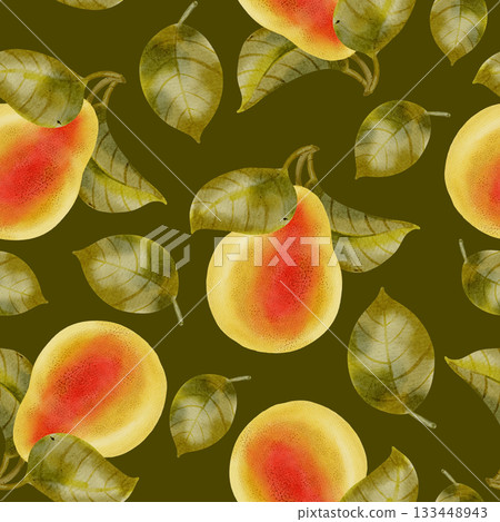 Seamless hand-drawn watercolor pattern featuring pears and delicate white flowers and leaves. Perfect for packaging, textiles, wallpaper, and fabric printing 133448943