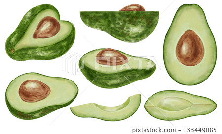 A hand-drawn watercolor avocado set slices and pieces, whole and halves. Perfect for stores, cafes, packaging, menus, logos, and projects related to healthy eating and cosmetics. 133449085