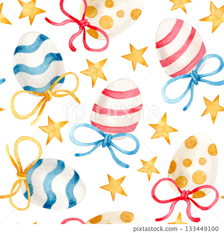 Easter print. Seamless watercolor pattern with Easter eggs and bows. 133449100