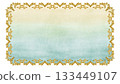 Gold vintage vignette in a horizontal frame with a gradient blue background. Watercolor border for Christmas, wedding decor, invitations, greeting cards, tablecloths, labels, table runners, home decor 133449107