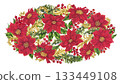 Vibrant oval bouquet with red poinsettias, holly, berries, fir branches, and gold vignettes. Elegant watercolor template for Christmas cards, invitations, seasonal decor, branding, and holiday crafts 133449108