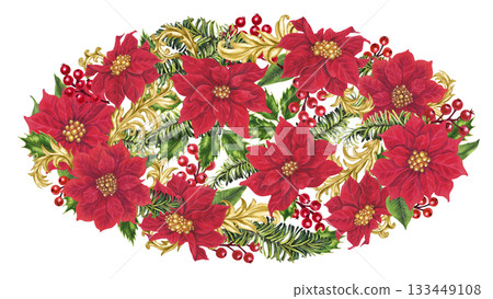Vibrant oval bouquet with red poinsettias, holly, berries, fir branches, and gold vignettes. Elegant watercolor template for Christmas cards, invitations, seasonal decor, branding, and holiday crafts Vibrant oval bouquet with red poinsettias, holly, berries, fir branches, and gold vignettes. Elegant watercolor template for Christmas cards, invitations, seasonal decor, branding, and holiday crafts 133449108