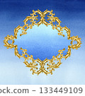 Gold vintage vignette in a oval frame with a gradient blue background. Watercolor border for Christmas, wedding decor, invitations, greeting cards, tablecloths, labels, table runners, home decor 133449109