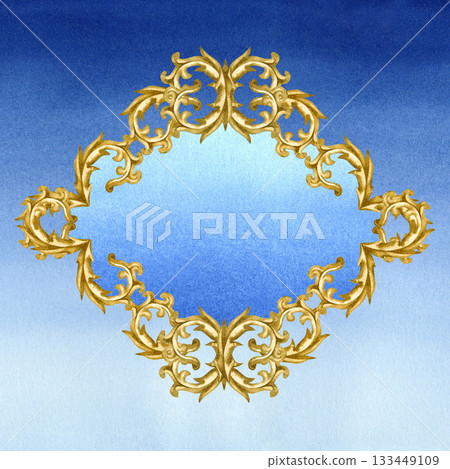 Gold vintage vignette in a oval frame with a gradient blue background. Watercolor border for Christmas, wedding decor, invitations, greeting cards, tablecloths, labels, table runners, home decor Gold vintage vignette in a oval frame with a gradient blue background. Watercolor border for Christmas, wedding decor, invitations, greeting cards, tablecloths, labels, table runners, home decor 133449109