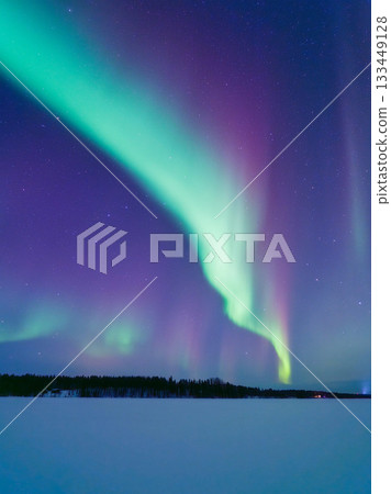 Aurora Borealis in Scandinavia. Northern lights over frozen lake and forest. Starry sky 133449128