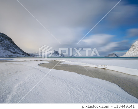 Haukland beach, Lofoten islands, Norway. Night in the fjord. Long exposure Haukland beach, Lofoten islands, Norway. Night in the fjord. Long exposure 133449141
