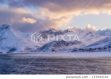 Norway. Nature in fjords. High mountains and reflections. Sunset in the fjord.  133449144