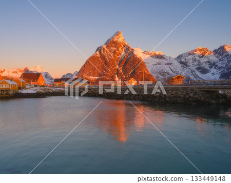North. Lofoten Islands, Norway. Picturesque view of traditional Norwegian fishermen's houses. 133449148