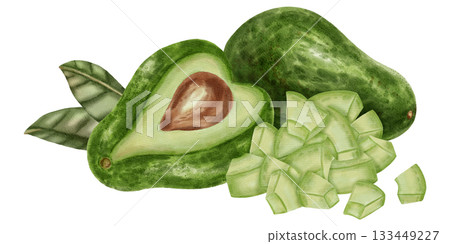 A hand-drawn watercolor illustration of an avocado composition with slices and leaves. Suitable for stores, cafes, packaging, menus, and products related to cooking, skincare, and health. 133449227