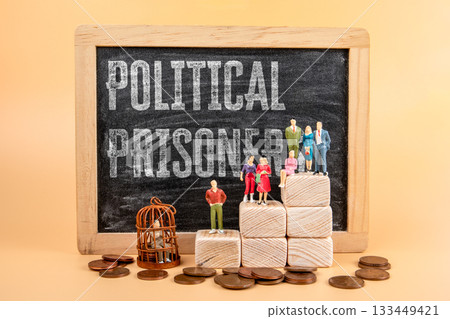 Political Prisoner Concept. Chalkboard with miniature people figures and a small cage Political Prisoner Concept. Chalkboard with miniature people figures and a small cage 133449421