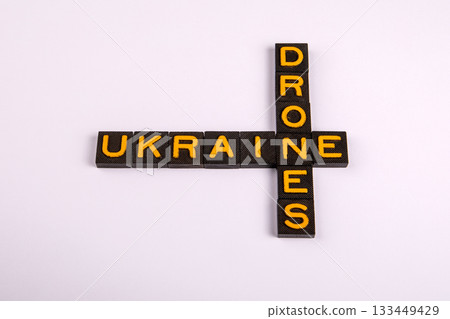UKRAIUNE and DRONES Concept. Yellow letters on a light background 133449429
