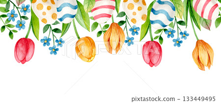 Easter border. Seamless watercolor frame with Easter eggs and flowers. Easter border. Seamless watercolor frame with Easter eggs and flowers. 133449495