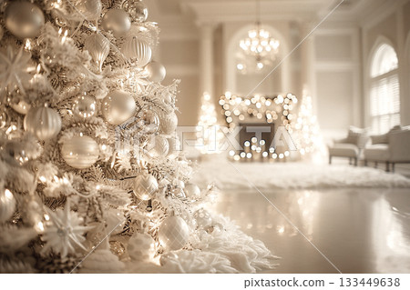 Elegant white Christmas tree adorned with silver ornaments in a beautifully decorated living room 133449638