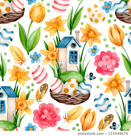 Easter seamless pattern. Watercolor illustration of a cute house, eggs, and flowers. Cartoon style. 133449674