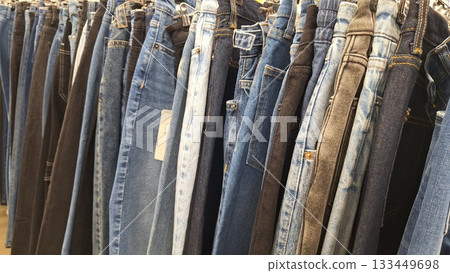 Neatly arranged rack of various denim jeans in different shades and styles for retail display 133449698