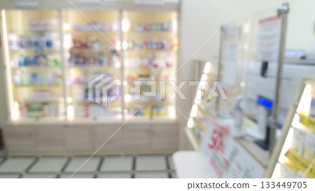 Blurred interior of a well-lit pharmacy displaying shelves filled with medicines and products Blurred interior of a well-lit pharmacy displaying shelves filled with medicines and products 133449705