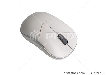 Wireless white computer mouse with scroll wheel on transparent background for office and home use 133449718