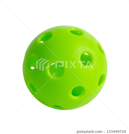 green plastic pickleball ball with multiple circular holes on transparent background 133449720