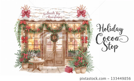 水彩插畫，描繪了一家裝飾著聖誕飾品、提供熱可可的可愛咖啡館。 133449856