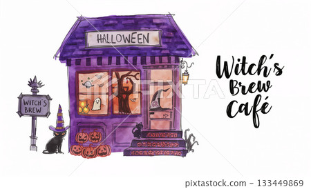女巫咖啡館和萬聖節之夜的水彩插畫 女巫咖啡館和萬聖節之夜的水彩插畫 133449869
