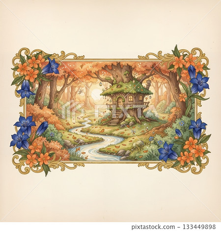 A forest cottage surrounded by a floral frame A forest cottage surrounded by a floral frame 133449898