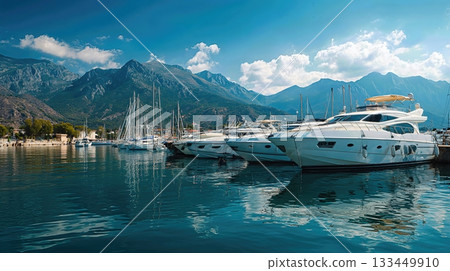 A Beautiful Marina Scene Featuring Luxurious Yachts and Scenic Mountain Backdrop  133449910