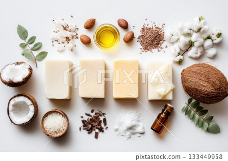 An Aesthetic Arrangement of Natural Ingredients and Handmade Soaps for Organic Skincare Enthusiasts 133449958