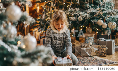 Young girl placing festive gift under a decorated Christmas tree, celebrating holiday season Young girl placing festive gift under a decorated Christmas tree, celebrating holiday season 133449960
