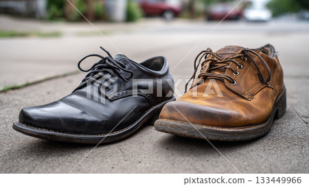 Different men's leather shoes reflecting professional and casual lifestyles, standing on a street sidewalk Different men's leather shoes reflecting professional and casual lifestyles, standing on a street sidewalk 133449966