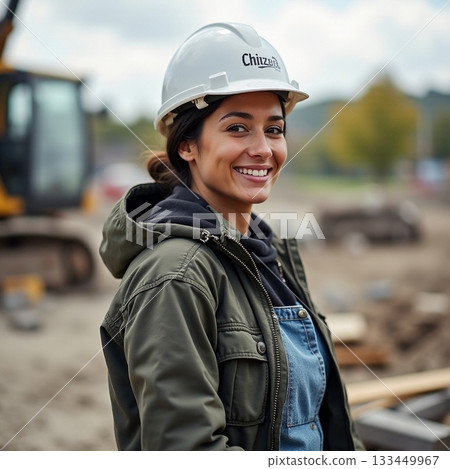 Smiling construction worker on a busy site in autumn Generative AI 133449967