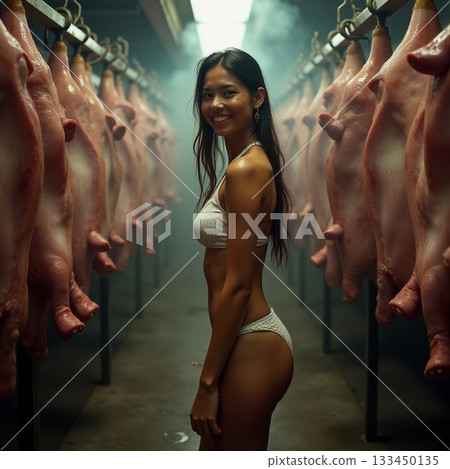 Woman in bikini poses among hanging pigs in meat processing area Generative AI 133450135