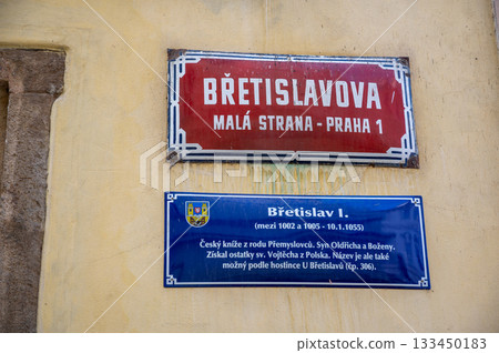 Prague, Czech Republic, August 9, 2023. Street sign, Prague, Mala Strana Bretislavova. 133450183