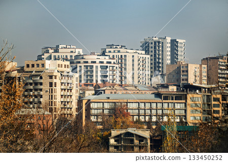 A city skyline with tall buildings and a few trees in the background 133450252