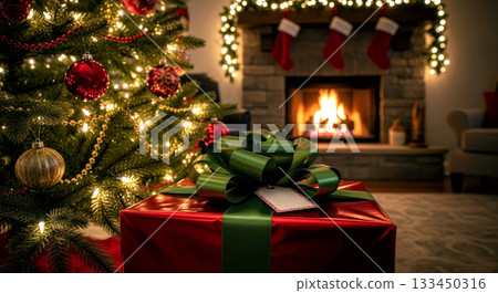 Christmas gift by a glowing tree, with stockings hung over a warm, inviting fireplace. Joyful New Year mood. Christmas gift by a glowing tree, with stockings hung over a warm, inviting fireplace. Joyful New Year mood. 133450316