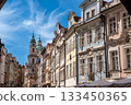 Prague, Czech Republic, August 9, 2023. Shot on a beautiful summer day, from Charles Bridge towards the old Town district. The colorful facades stand out. Crowded with people. Travel destinations. 133450365
