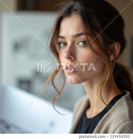 Young woman gazing thoughtfully by the window in natural light Generative AI Young woman gazing thoughtfully by the window in natural light Generative AI 133450393
